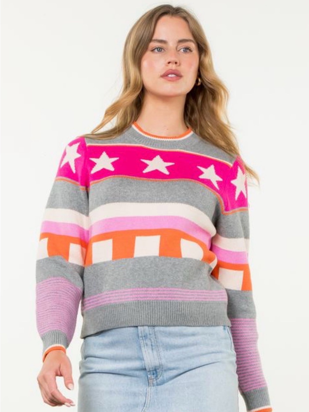 NWOT THML 💗 Pink ⭐️ Star and Stripe Crewneck Sweater - Medium